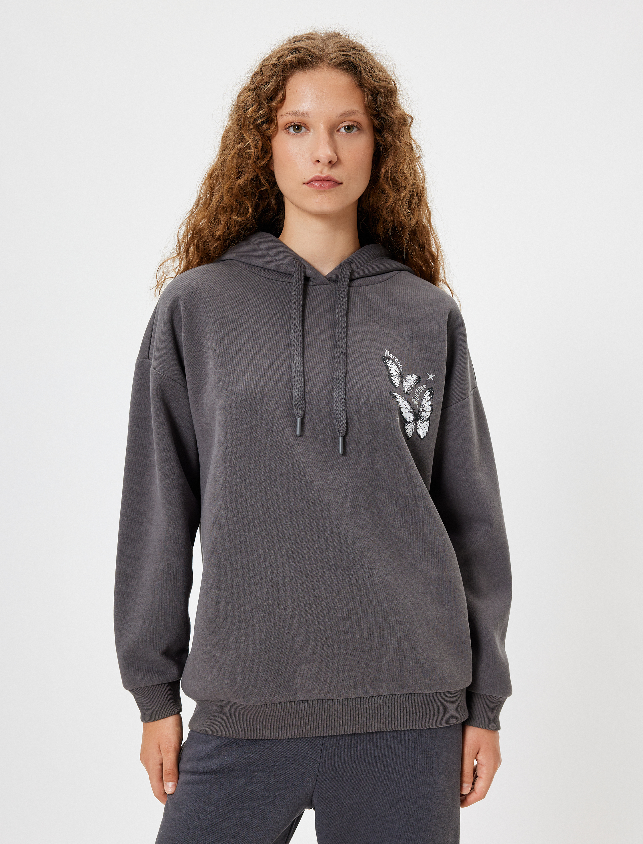   Arkası Baskılı Sweatshirt Oversize Kapüşonlu Şardonlu