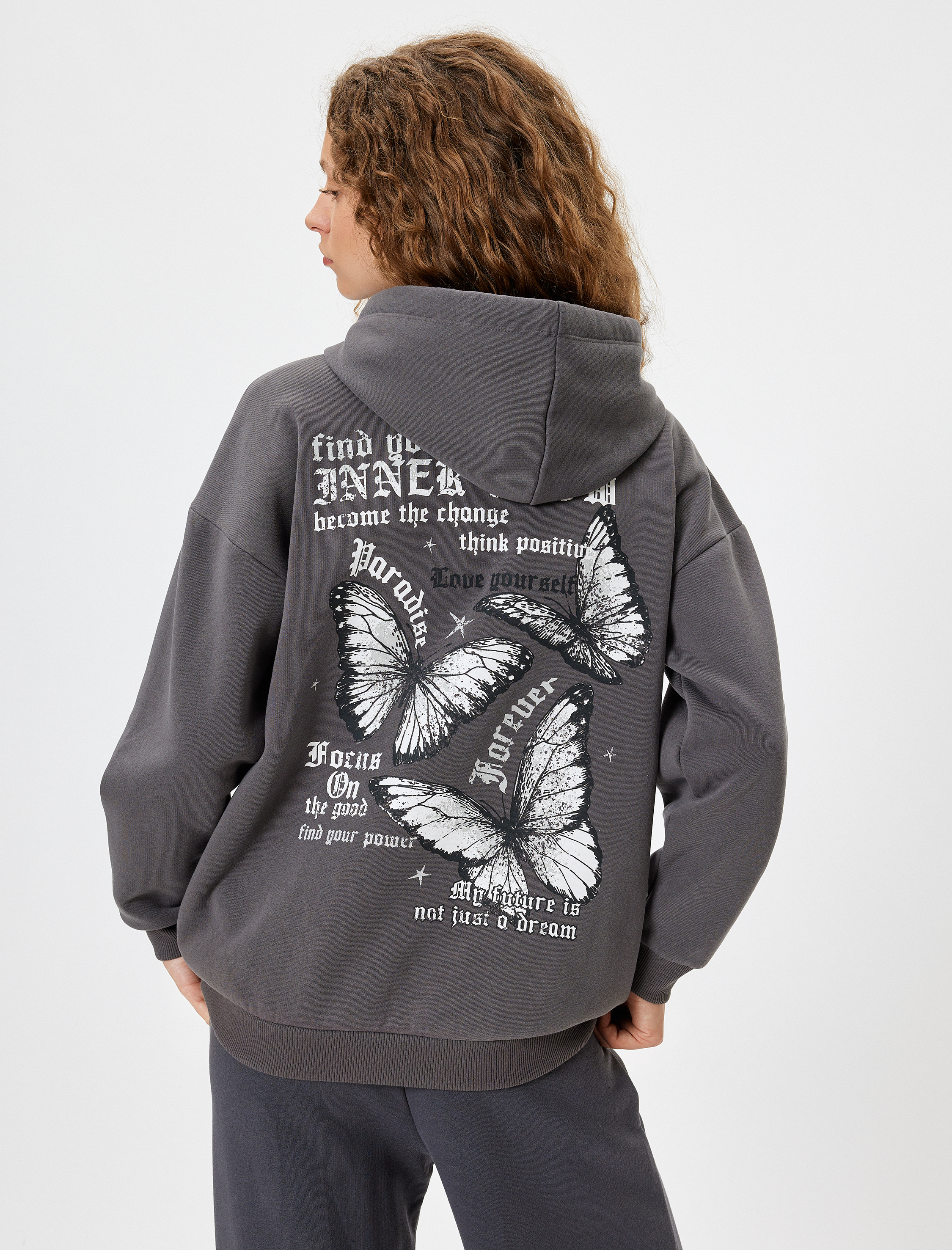   Arkası Baskılı Sweatshirt Oversize Kapüşonlu Şardonlu