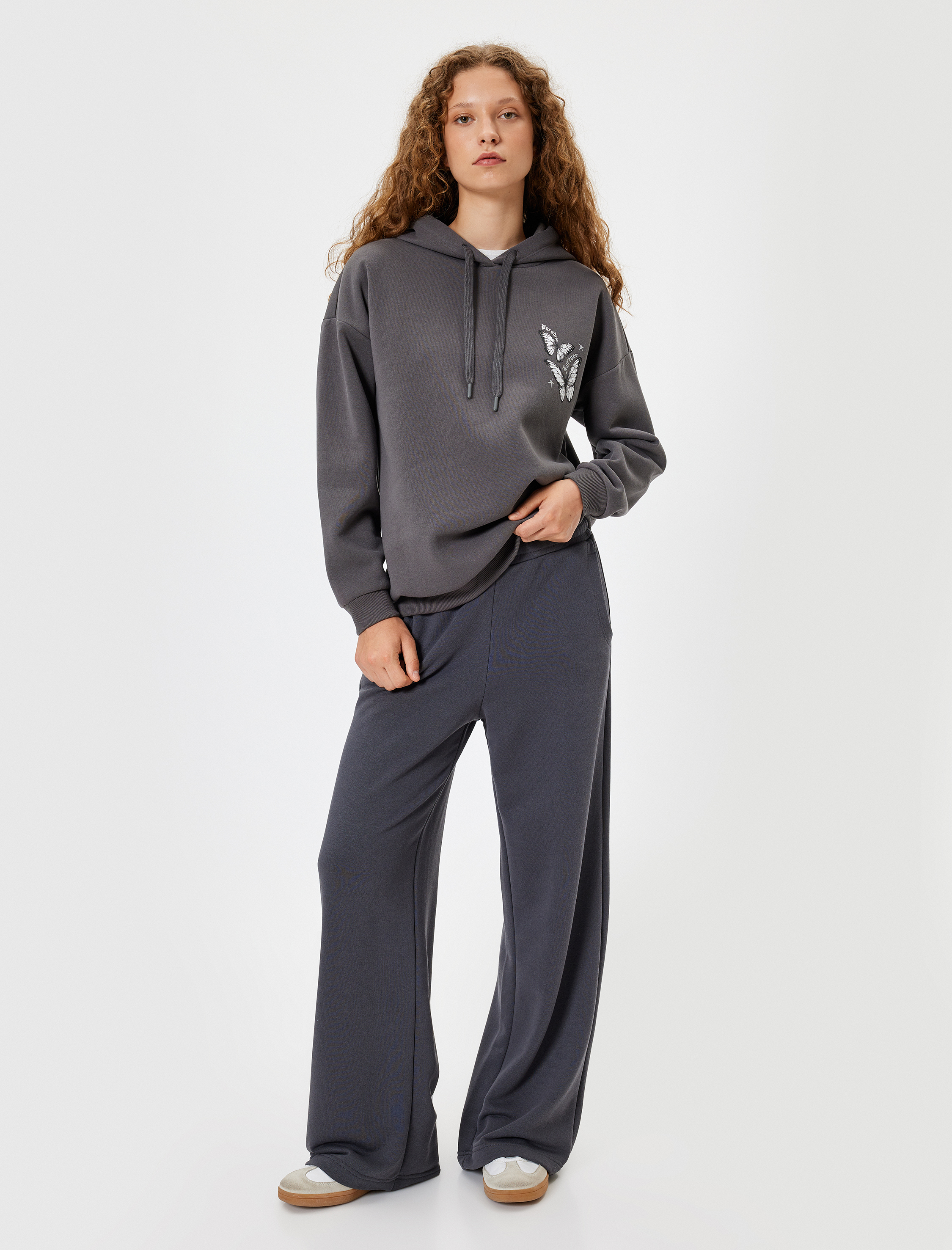   Arkası Baskılı Sweatshirt Oversize Kapüşonlu Şardonlu