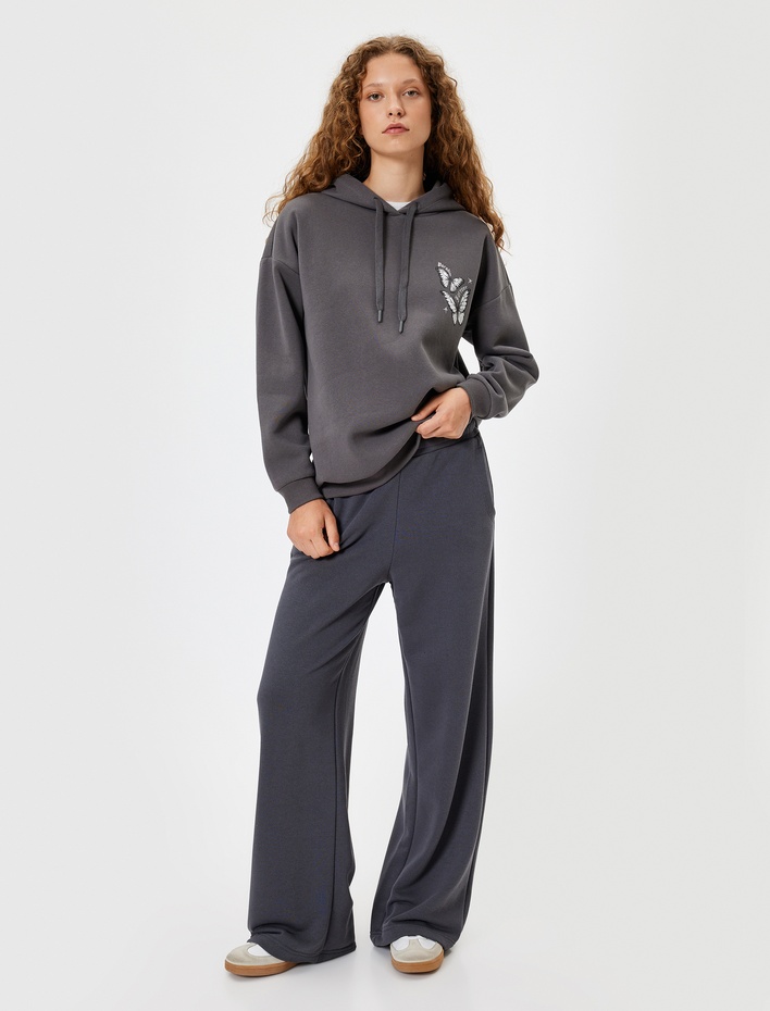  Arkası Baskılı Sweatshirt Oversize Kapüşonlu Şardonlu