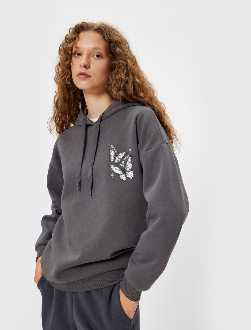   Arkası Baskılı Sweatshirt Oversize Kapüşonlu Şardonlu
