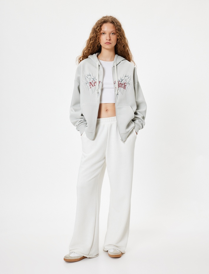  Oversize Fermuarlı Sweatshirt Kapüşonlu Kolej Baskılı Cep Detaylı Şardonlu