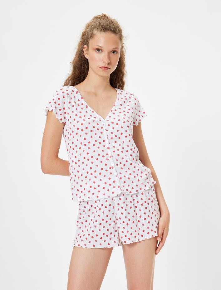  Çilek Baskılı Şortlu Pijama Takımı Dokulu Rahat Kalıp