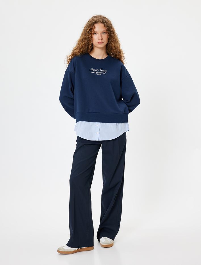  Şardonlu Oversize Sweatshirt Bisiklet Yaka Sloganlı Kumaş Detaylı