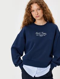 Oversize Sweatshirt Bisiklet Yaka Sloganlı Kumaş Detaylı