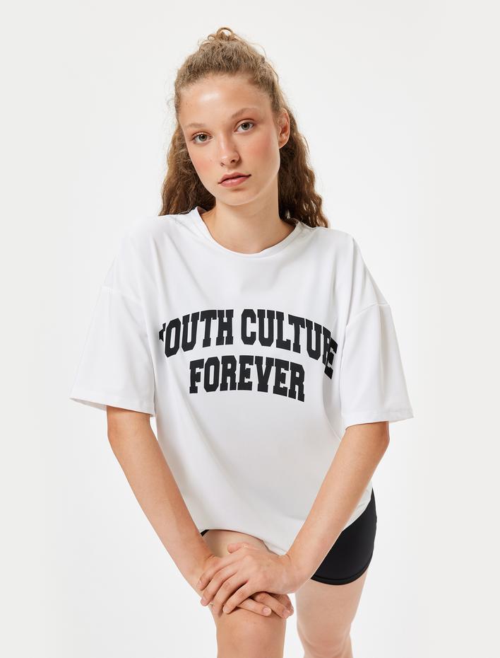  Oversize Spor Tişört Slogan Baskılı Bisiklet Yaka Kısa Kollu