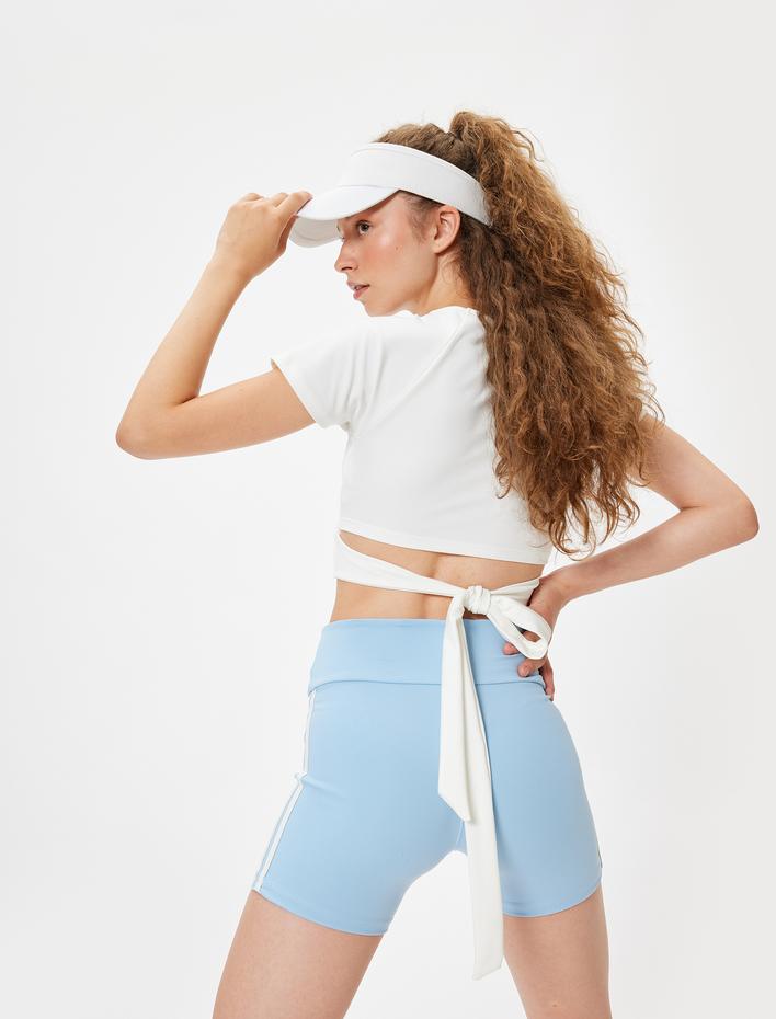  Spor Crop Tişört Bağlama Detaylı Slim Fit Bisiklet Yaka İnterlok