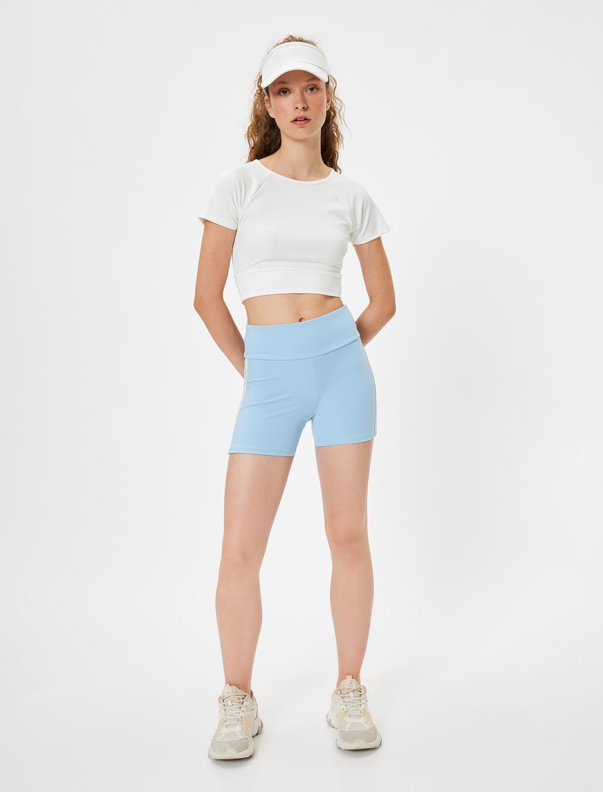   Spor Crop Tişört Bağlama Detaylı Slim Fit Bisiklet Yaka