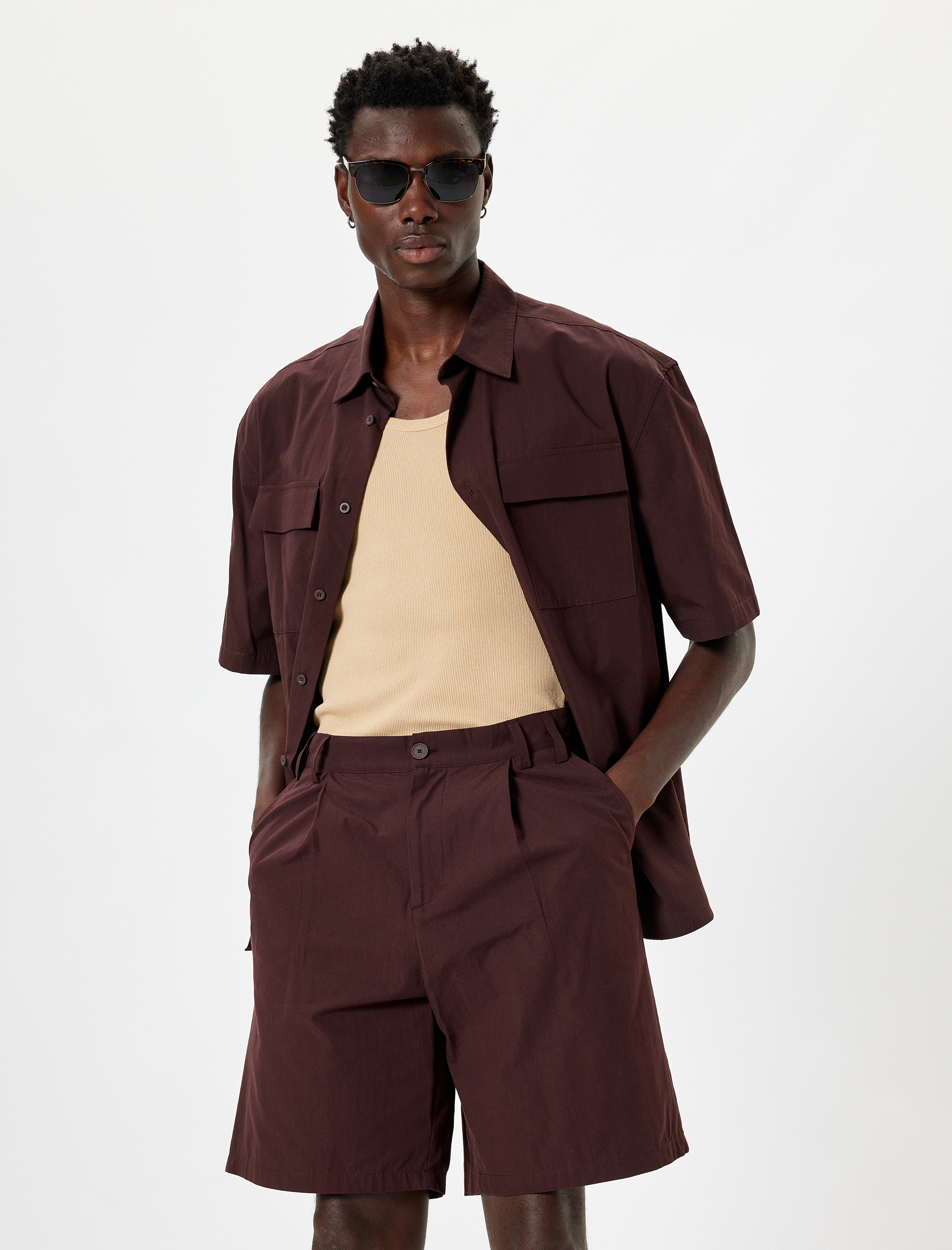   Kumaş Şort Oversize Pileli Chino Düğmeli Cep Detaylı