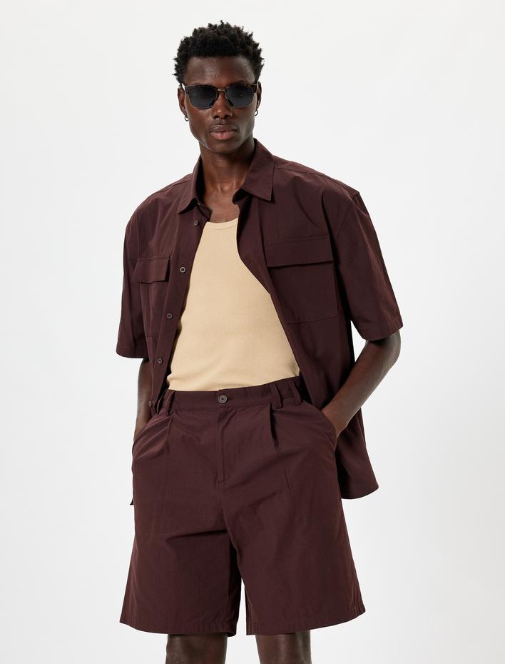  Kumaş Şort Oversize Pileli Chino Düğmeli Cep Detaylı