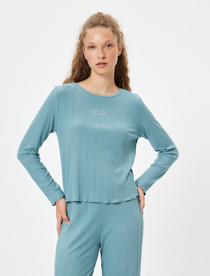  Modal Kumaş Pijama Üstü Uzun Kollu Bisiklet Yaka