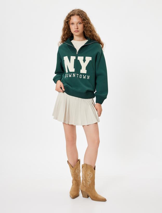 Yarım Fermuarlı Sweatshirt Oversize Kolej Baskılı_1