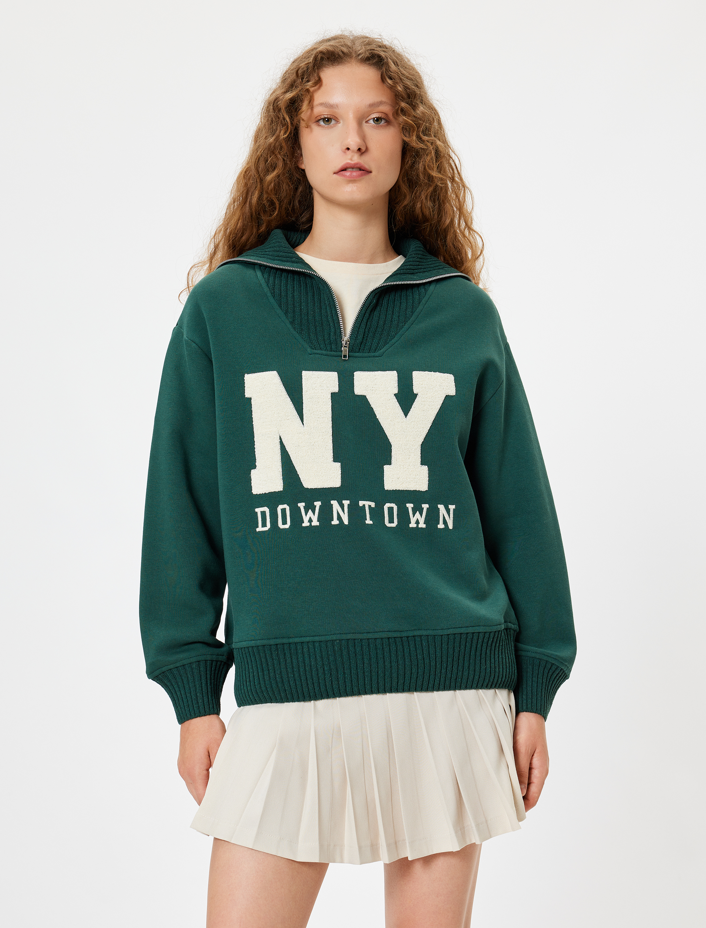   Şardonlu Yarım Fermuarlı Sweatshirt Oversize Kolej Baskılı