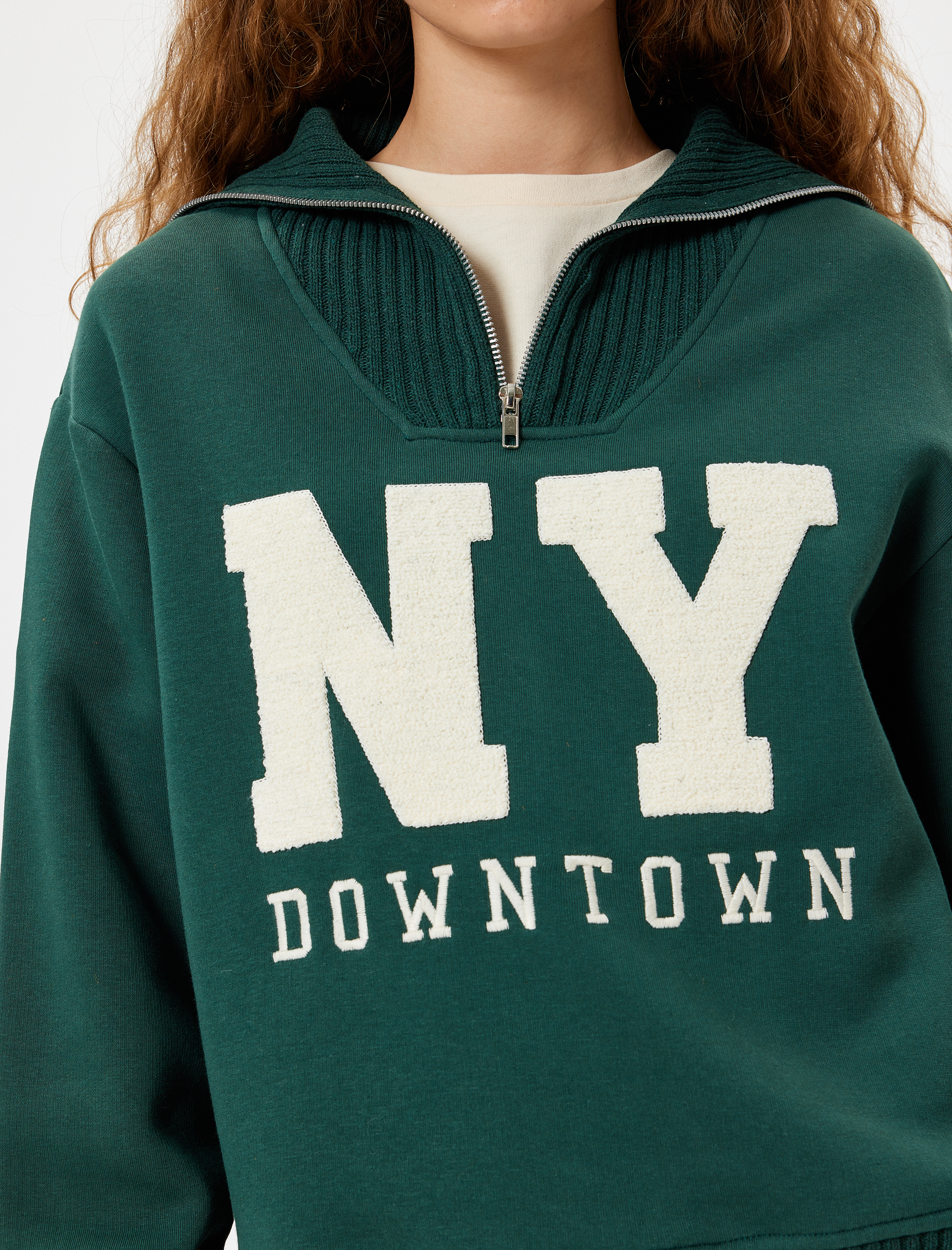   Şardonlu Yarım Fermuarlı Sweatshirt Oversize Kolej Baskılı