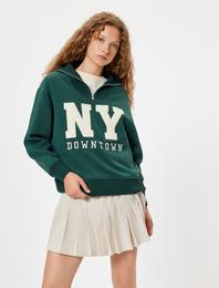 Yarım Fermuarlı Sweatshirt Oversize Kolej Baskılı