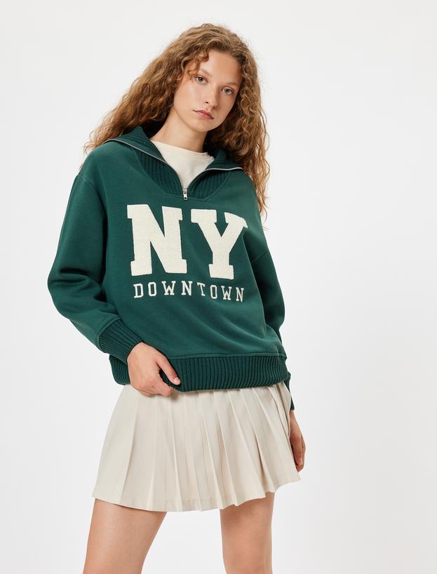 Yarım Fermuarlı Sweatshirt Oversize Kolej Baskılı_0