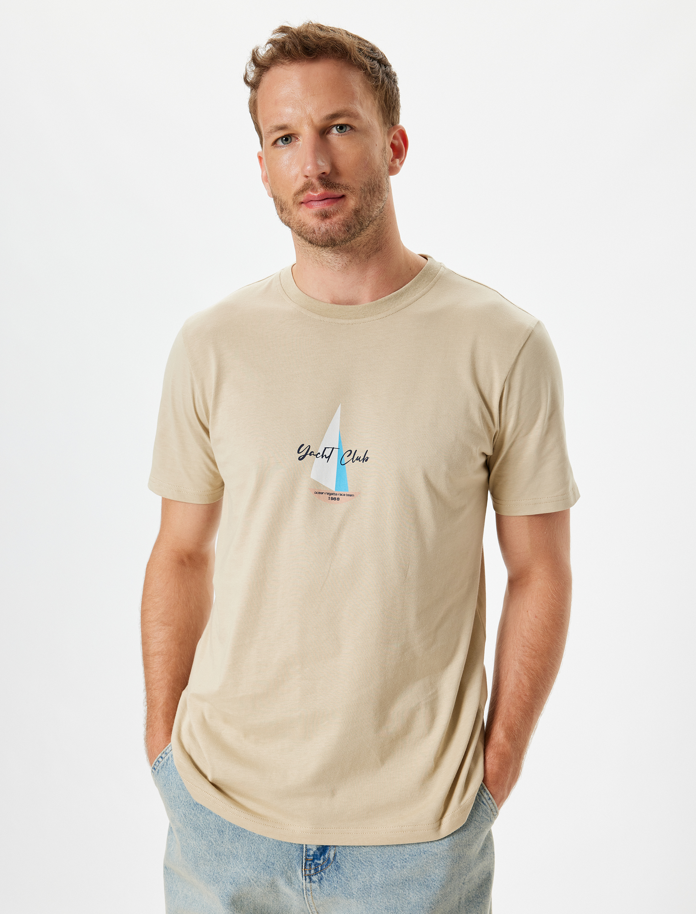   Slim Fit Tişört Slogan Baskılı Bisiklet Yaka Kısa Kollu Pamuklu