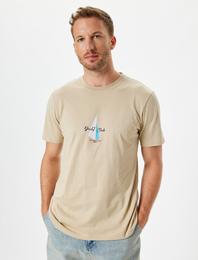 Slim Fit Tişört Slogan Baskılı Bisiklet Yaka Kısa Kollu Pamuklu