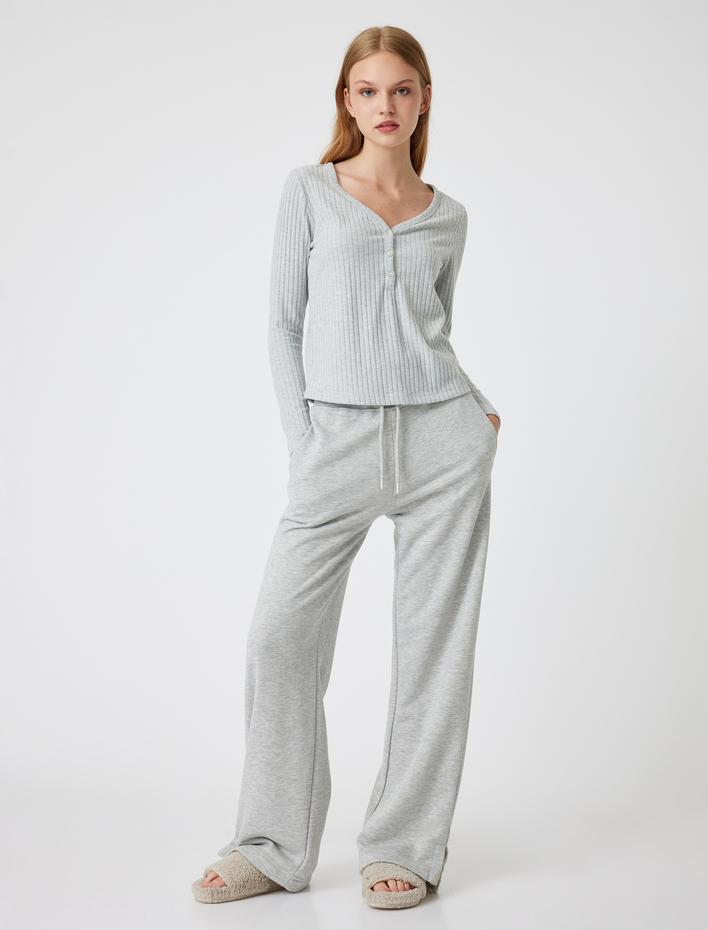  V Yaka Pijama Üstü Düğmeli Uzun Kollu Yumuşak Dokulu