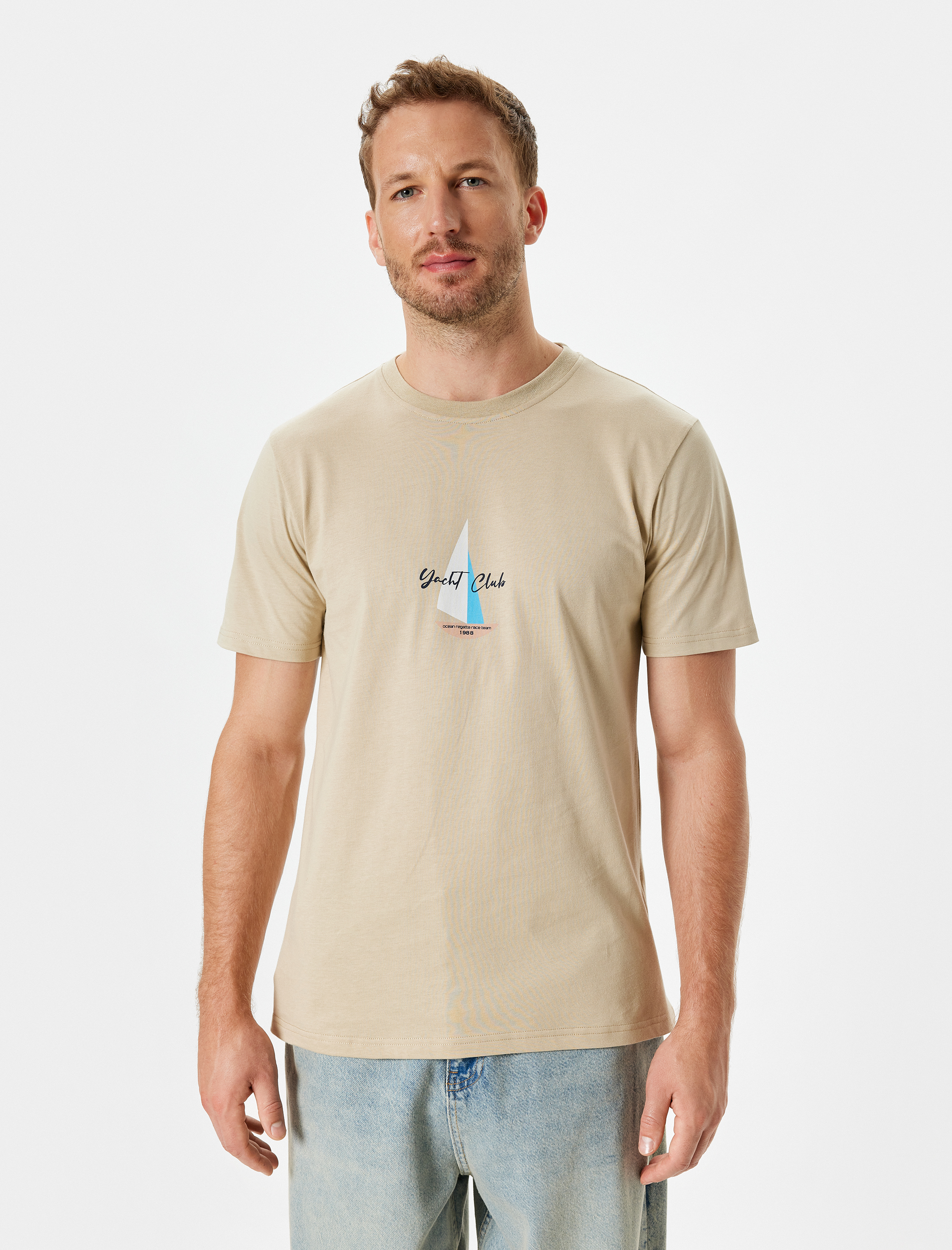   Slim Fit Tişört Slogan Baskılı Bisiklet Yaka Kısa Kollu Pamuklu