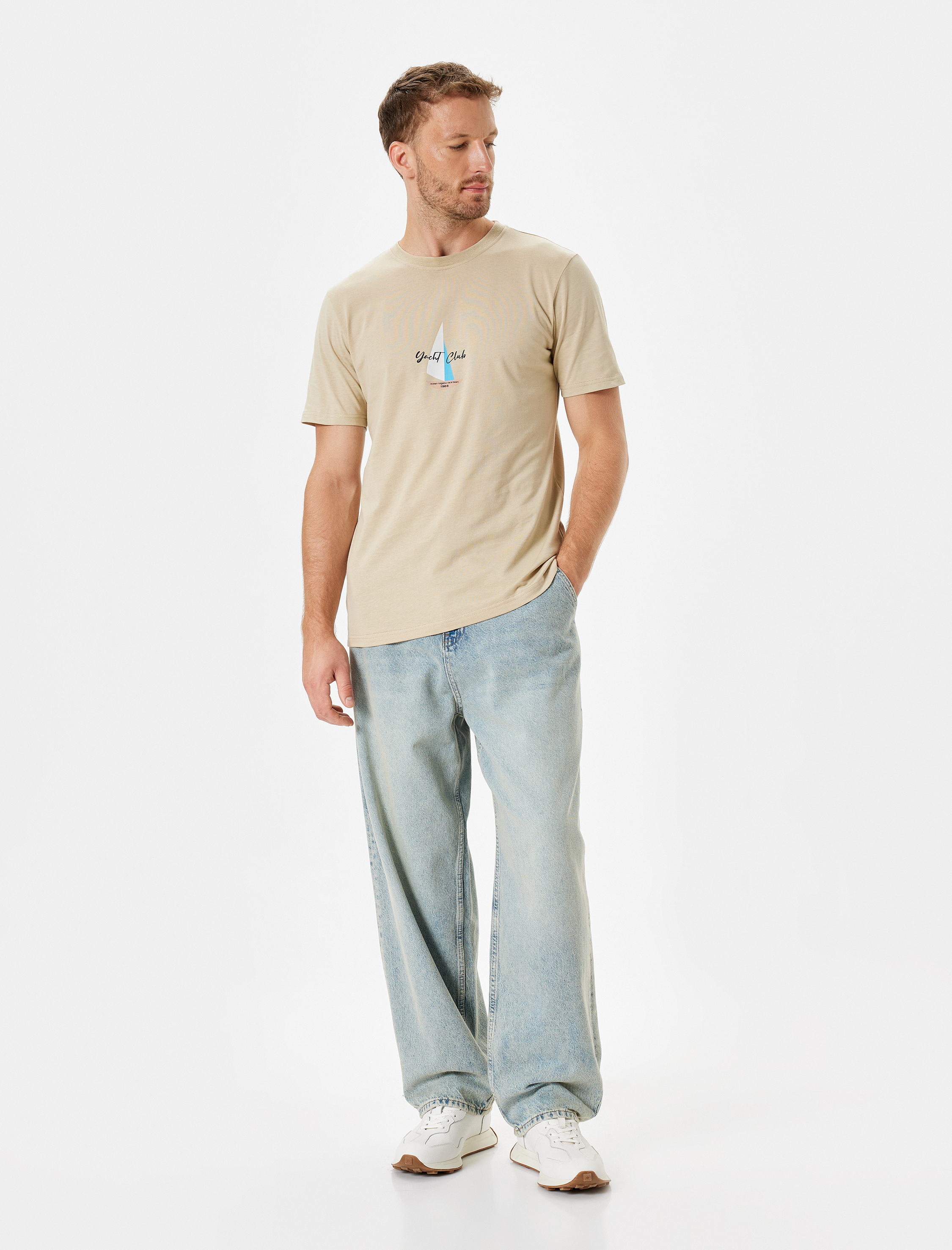   Slim Fit Tişört Slogan Baskılı Bisiklet Yaka Kısa Kollu Pamuklu