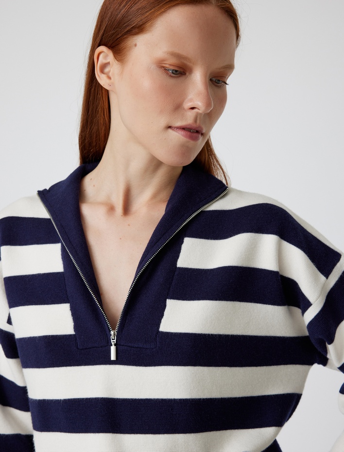  Yarım Fermuarlı Triko Kazak Dik Yaka