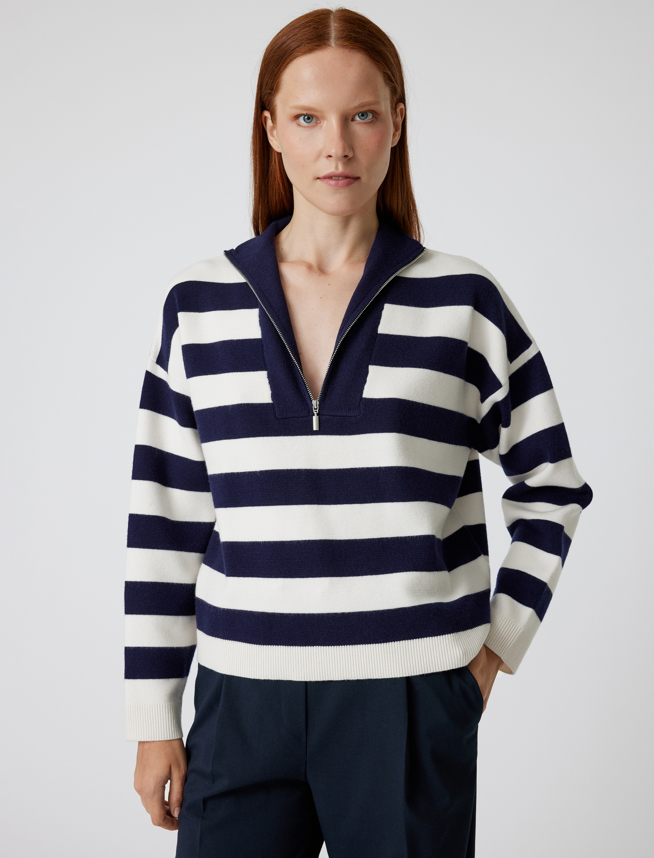   Yarım Fermuarlı Triko Kazak Dik Yaka