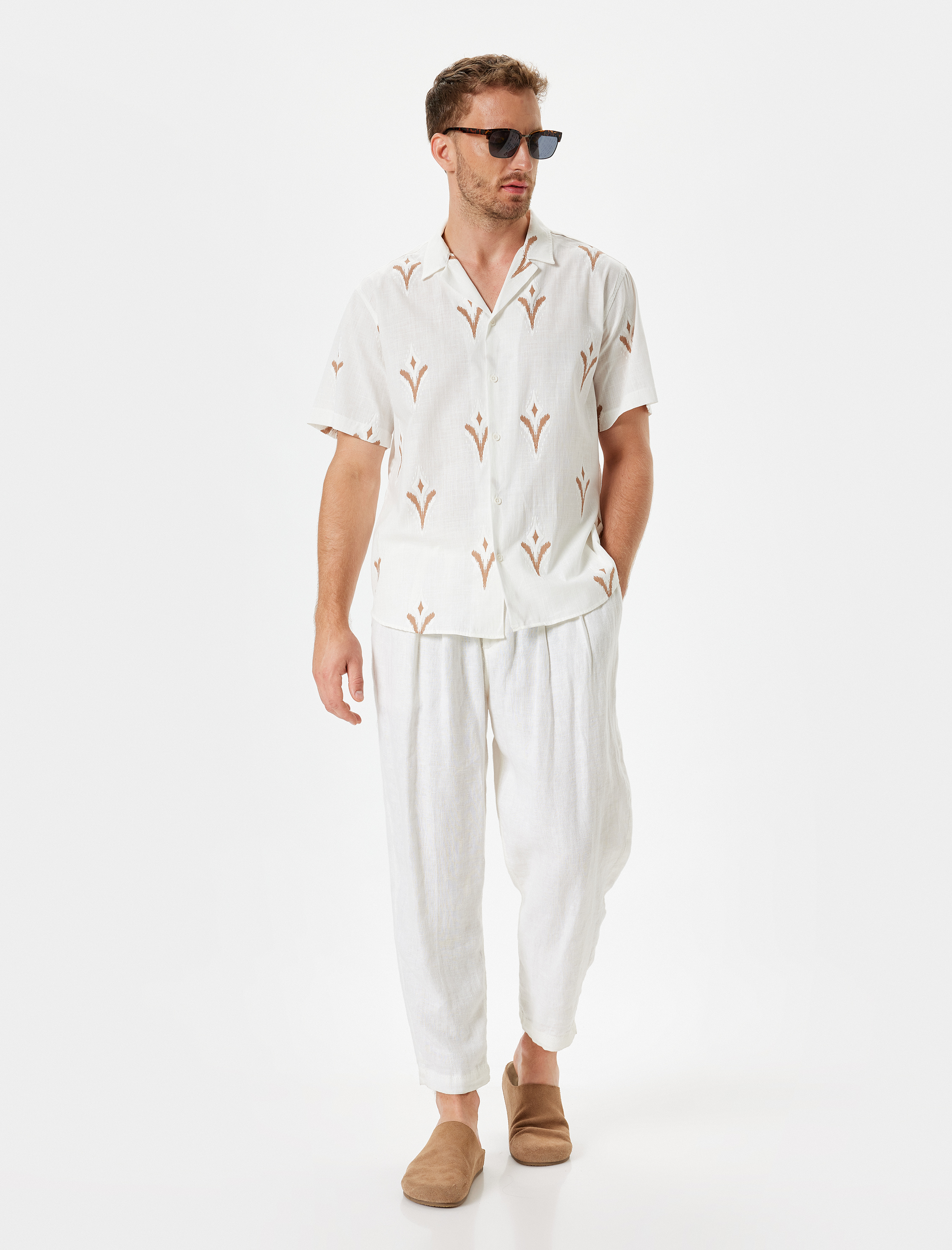   Kısa Kollu Gömlek Etnik Desenli Pamuklu Regular Fit