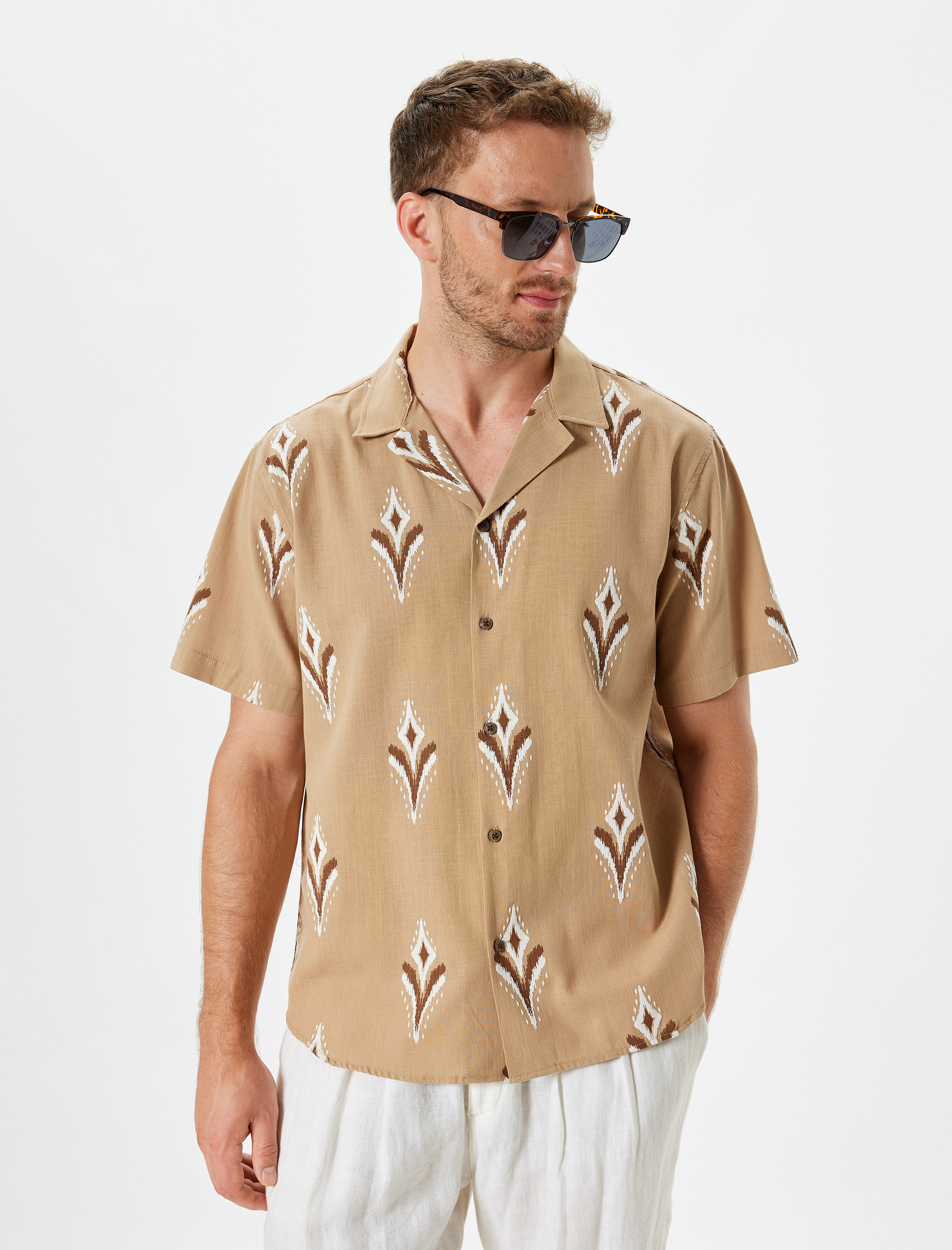   Kısa Kollu Gömlek Etnik Desenli Pamuklu Regular Fit