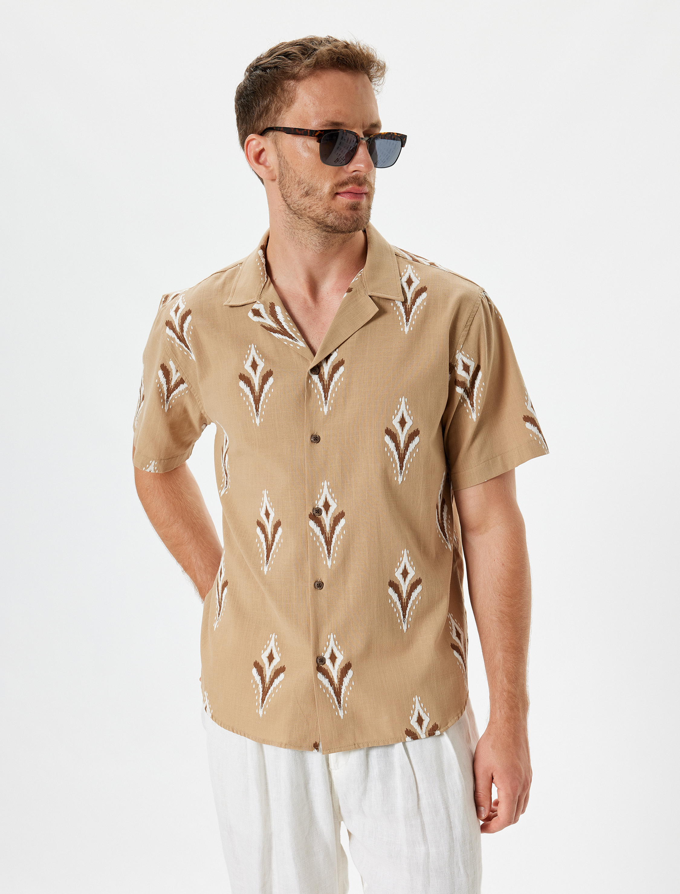   Kısa Kollu Gömlek Etnik Desenli Pamuklu Regular Fit