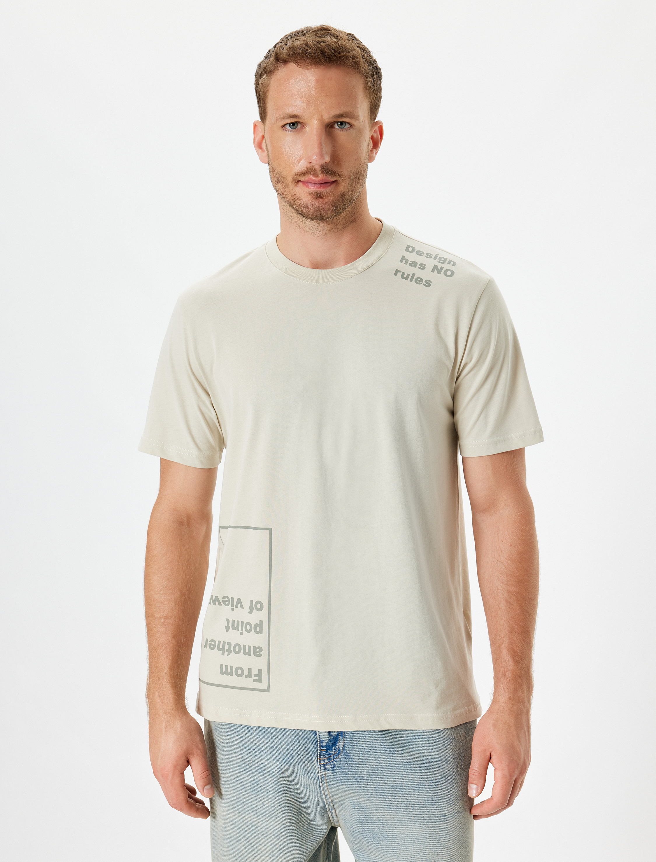   Pamuklu Bisiklet Yaka Slogan Baskılı Kısa Kollu Tişört