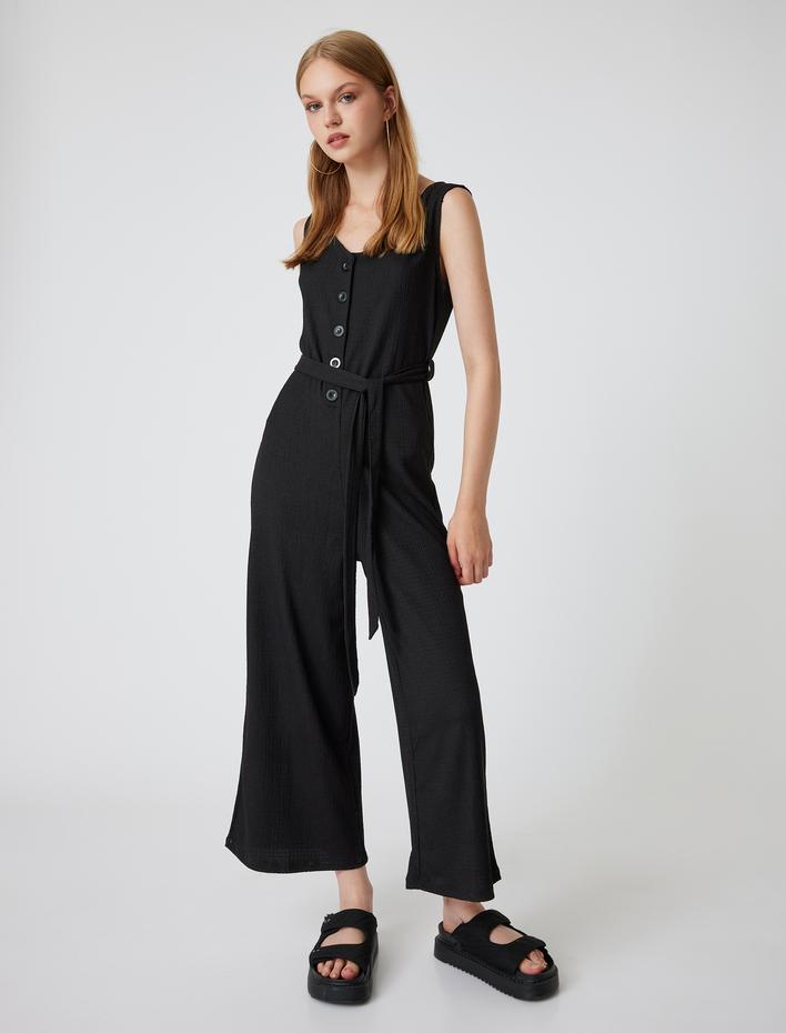  Salopet Tulum Kolsuz V Yaka Düğmeli Kemer Detaylı Bürümcük