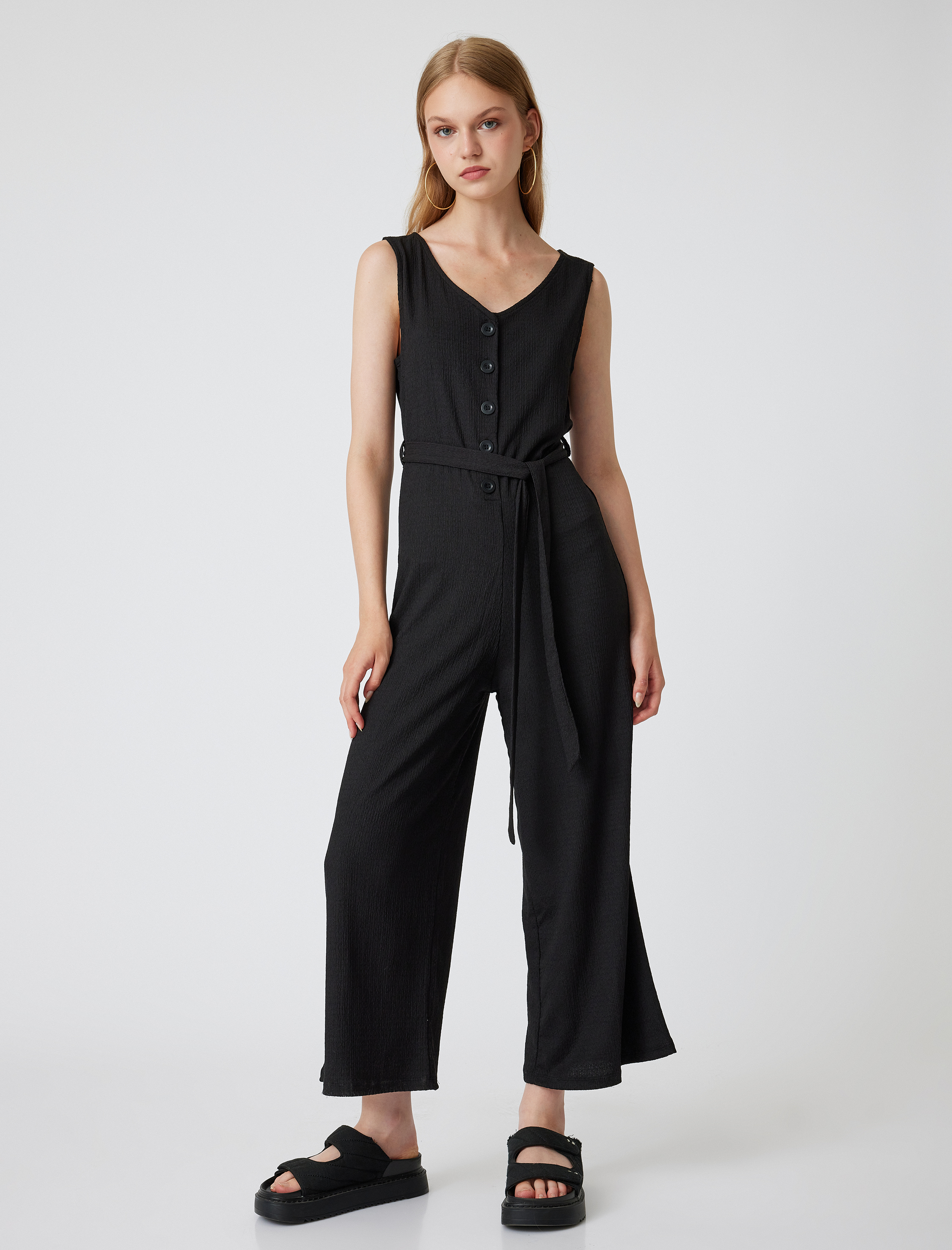   Salopet Tulum Kolsuz V Yaka Düğmeli Kemer Detaylı Bürümcük