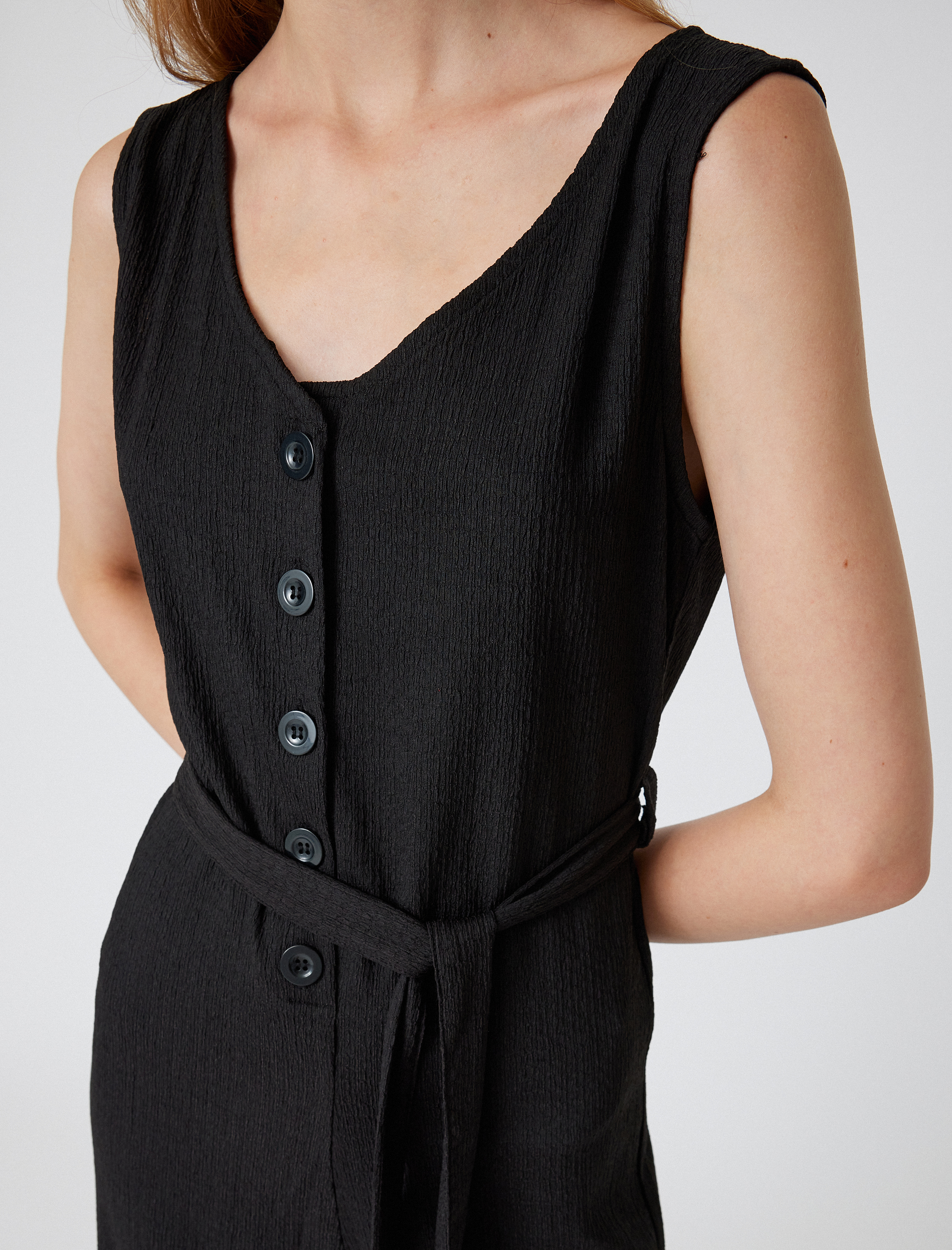   Salopet Tulum Kolsuz V Yaka Düğmeli Kemer Detaylı Bürümcük