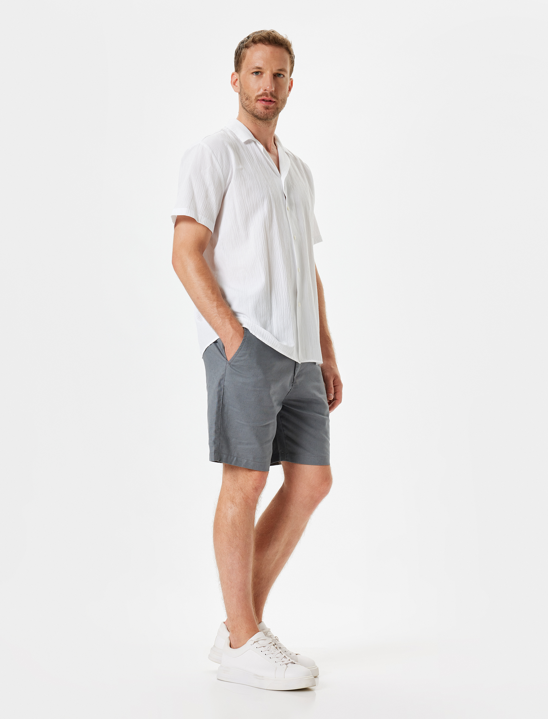 Keten Karışımlı Şort Kısa Chino Cep Detaylı