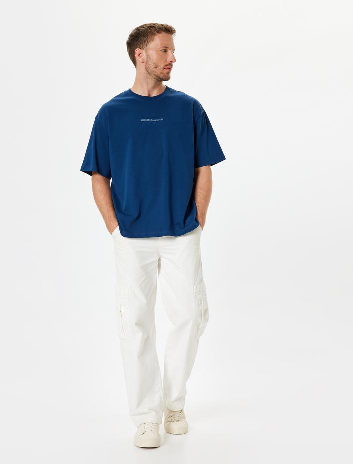  Slogan Baskılı Pamuklu Bisiklet Yaka Kısa Kollu Oversize Tişört