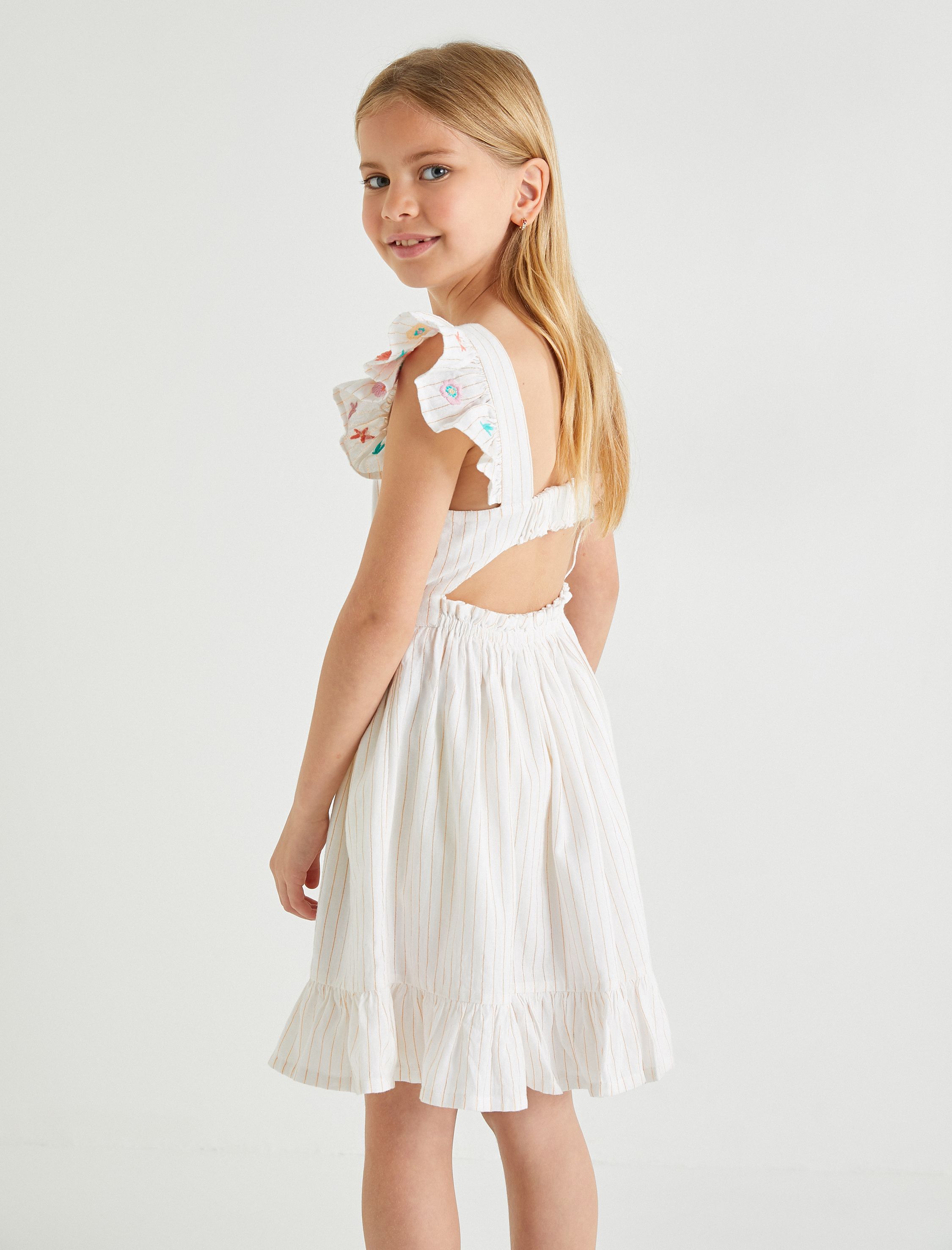  Kız Çocuk Elbise Fırfır Detaylı Kolları İşlemeli Pamuklu