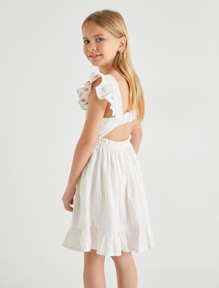 Kız Çocuk Elbise Fırfır Detaylı Kolları İşlemeli Pamuklu