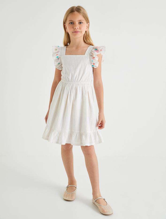 Kız Çocuk Elbise Fırfır Detaylı Kolları İşlemeli Pamuklu