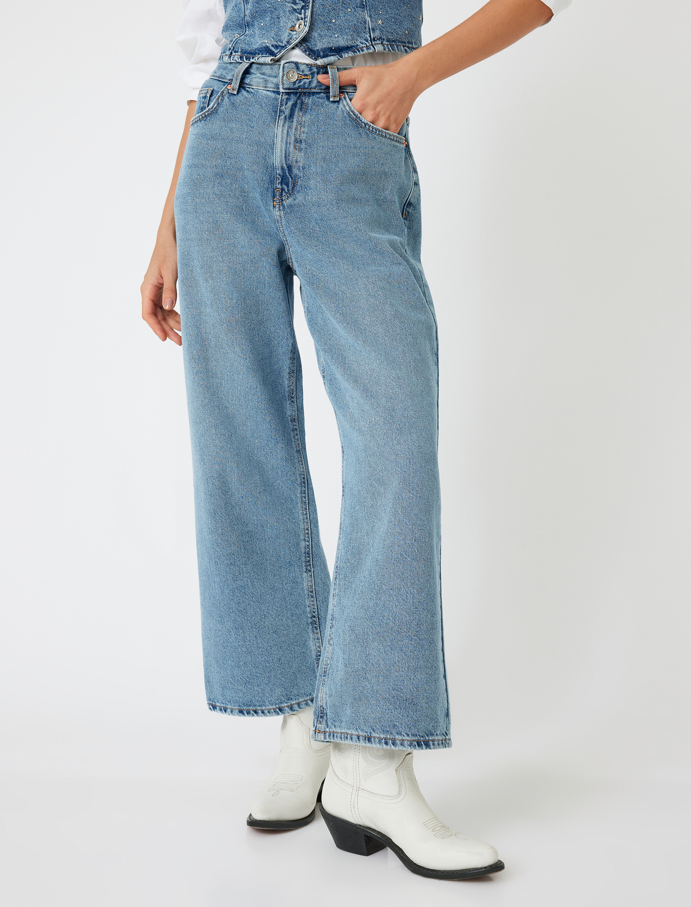 Crop Bol Paça Kot Pantolon Normal Bel Slim Fit Düğmeli - Wide Leg Crop Jean