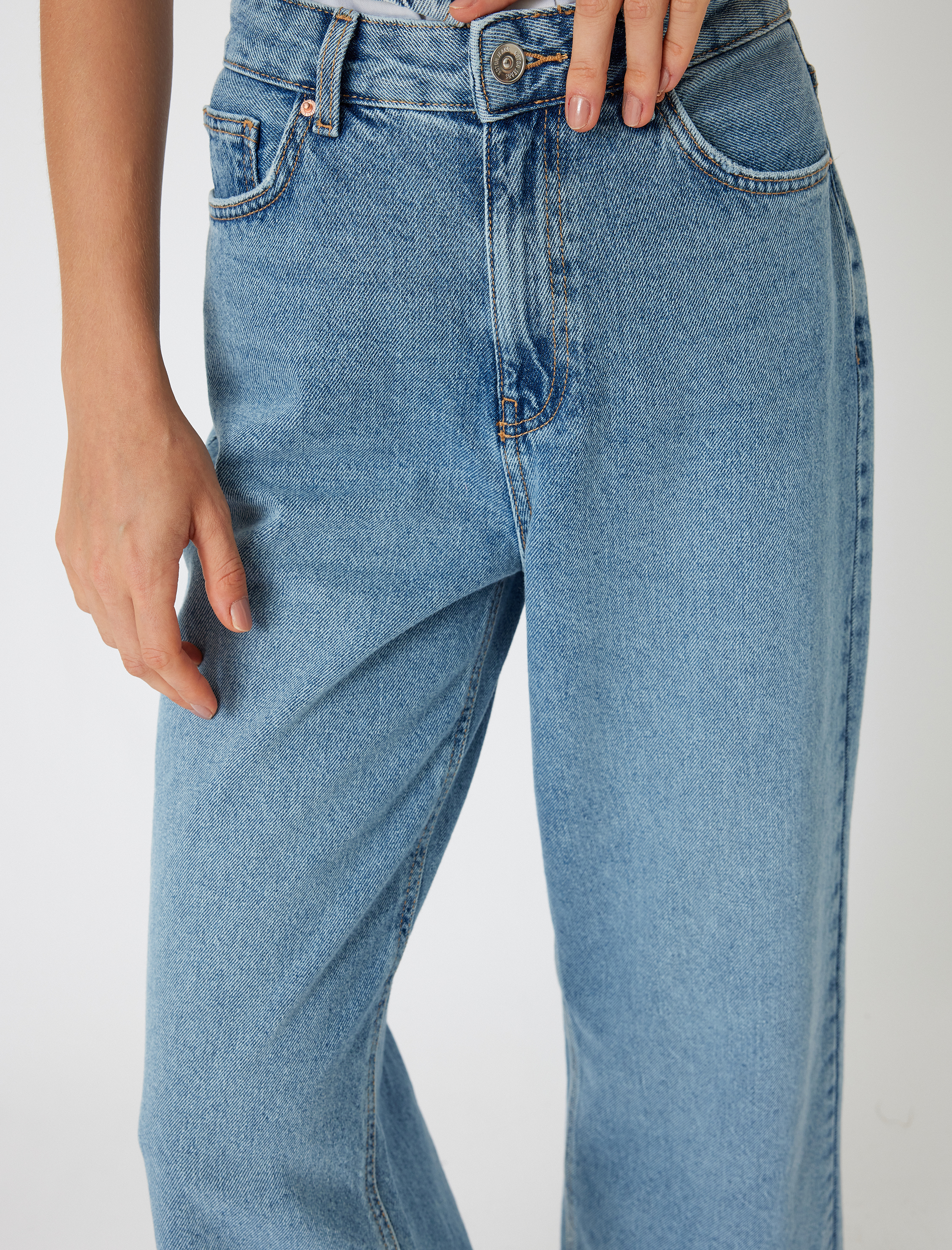 Crop Bol Paça Kot Pantolon Normal Bel Slim Fit Düğmeli - Wide Leg Crop Jean