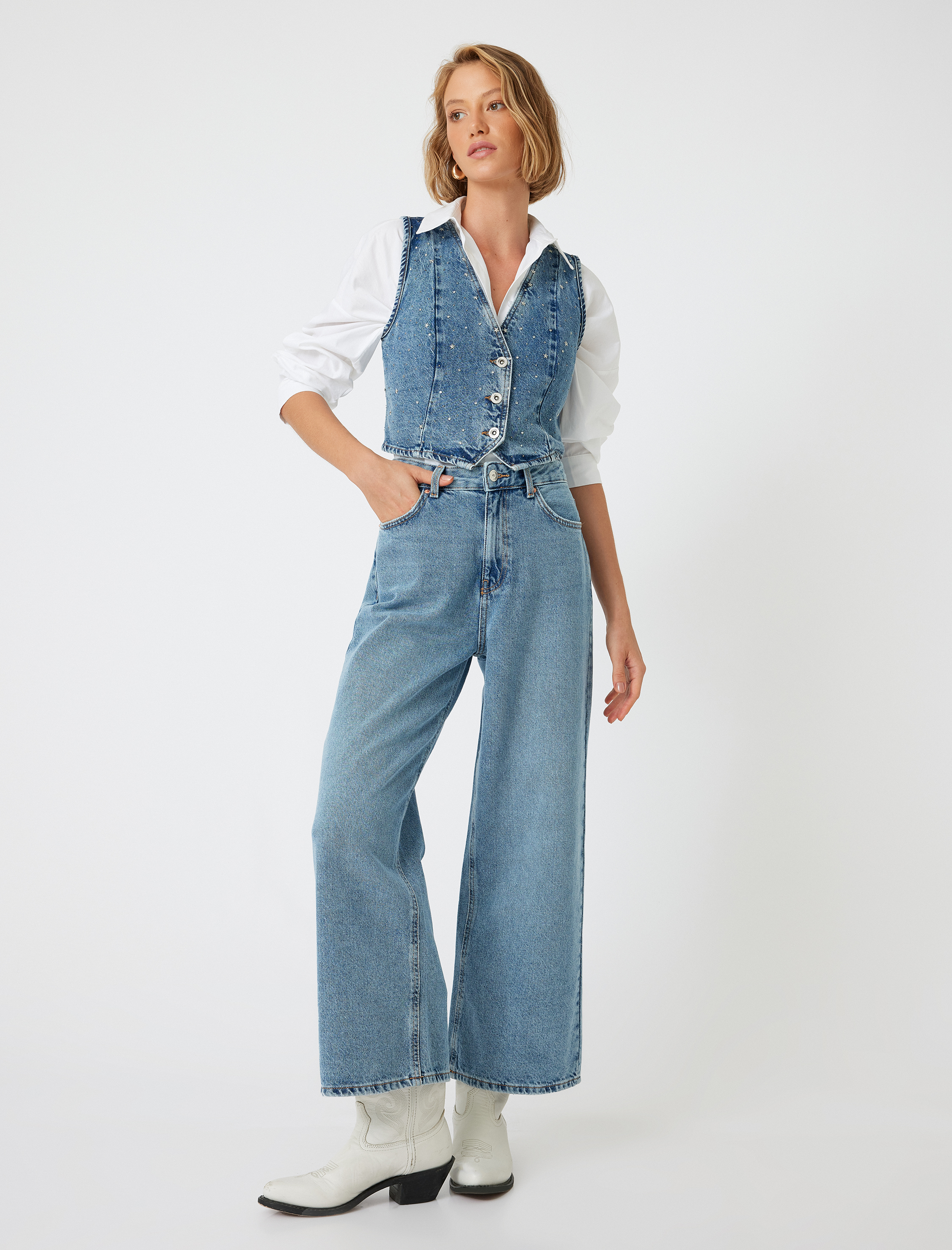 Crop Bol Paça Kot Pantolon Normal Bel Slim Fit Düğmeli - Wide Leg Crop Jean