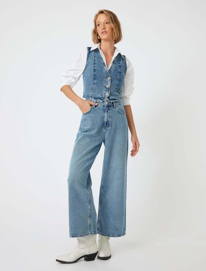  Crop Bol Paça Kot Pantolon Normal Bel Slim Fit Düğmeli - Wide Leg Crop Jean