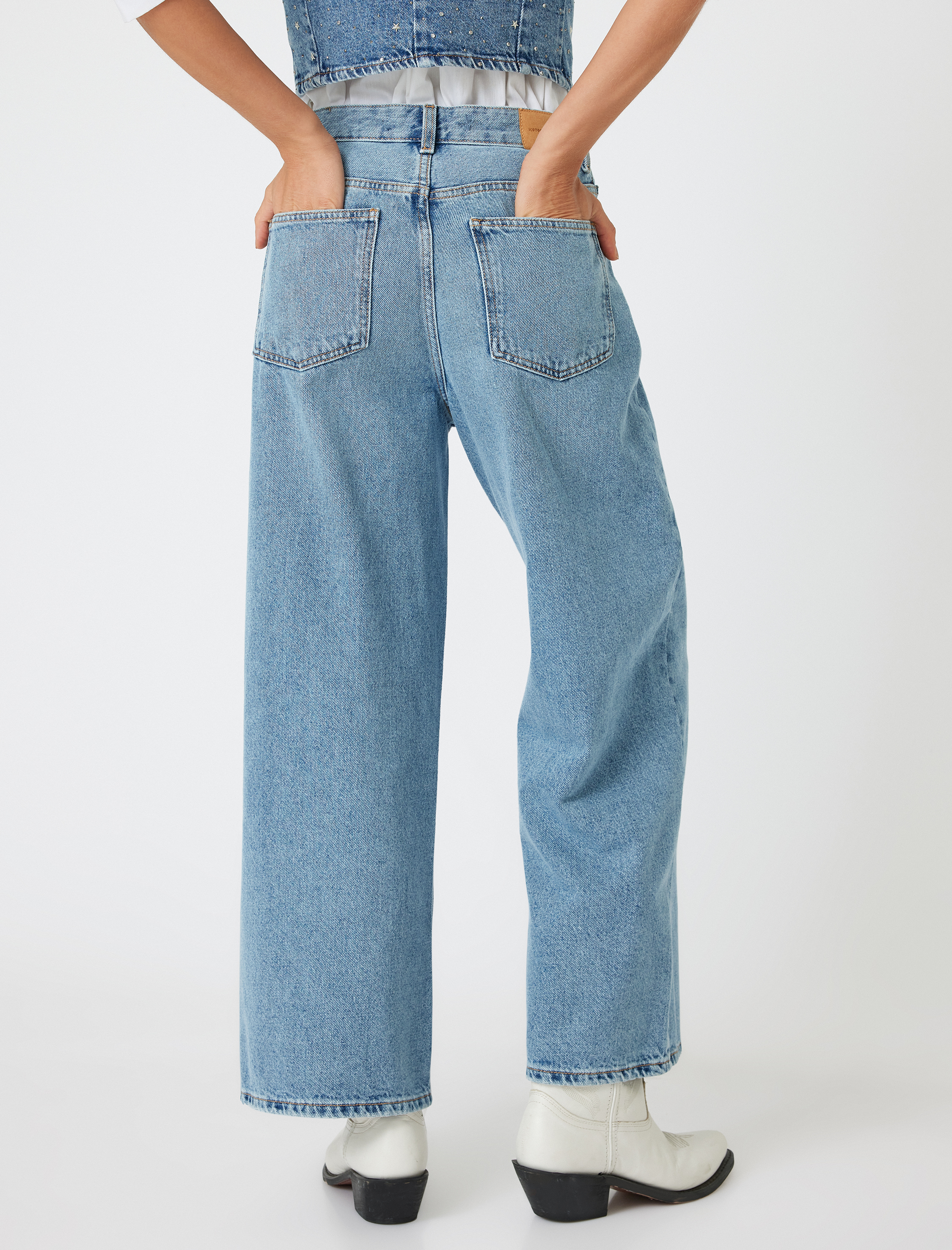 Crop Bol Paça Kot Pantolon Normal Bel Slim Fit Düğmeli - Wide Leg Crop Jean