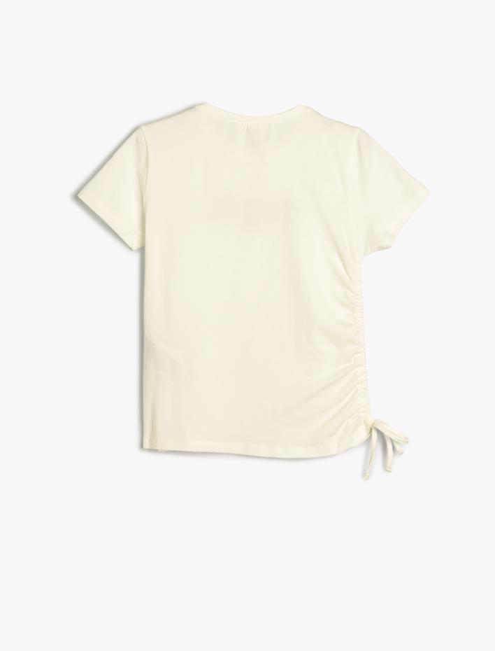 Kız Çocuk Slogan Baskılı Kısa Kollu Büzgü Detaylı Pamuklu Tişört