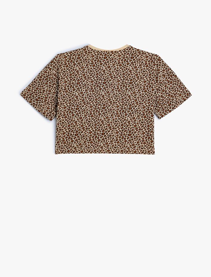 Kız Çocuk Crop Tişört Leopar Desenli Kısa Kollu Yuvarlak Yaka Pamuklu
