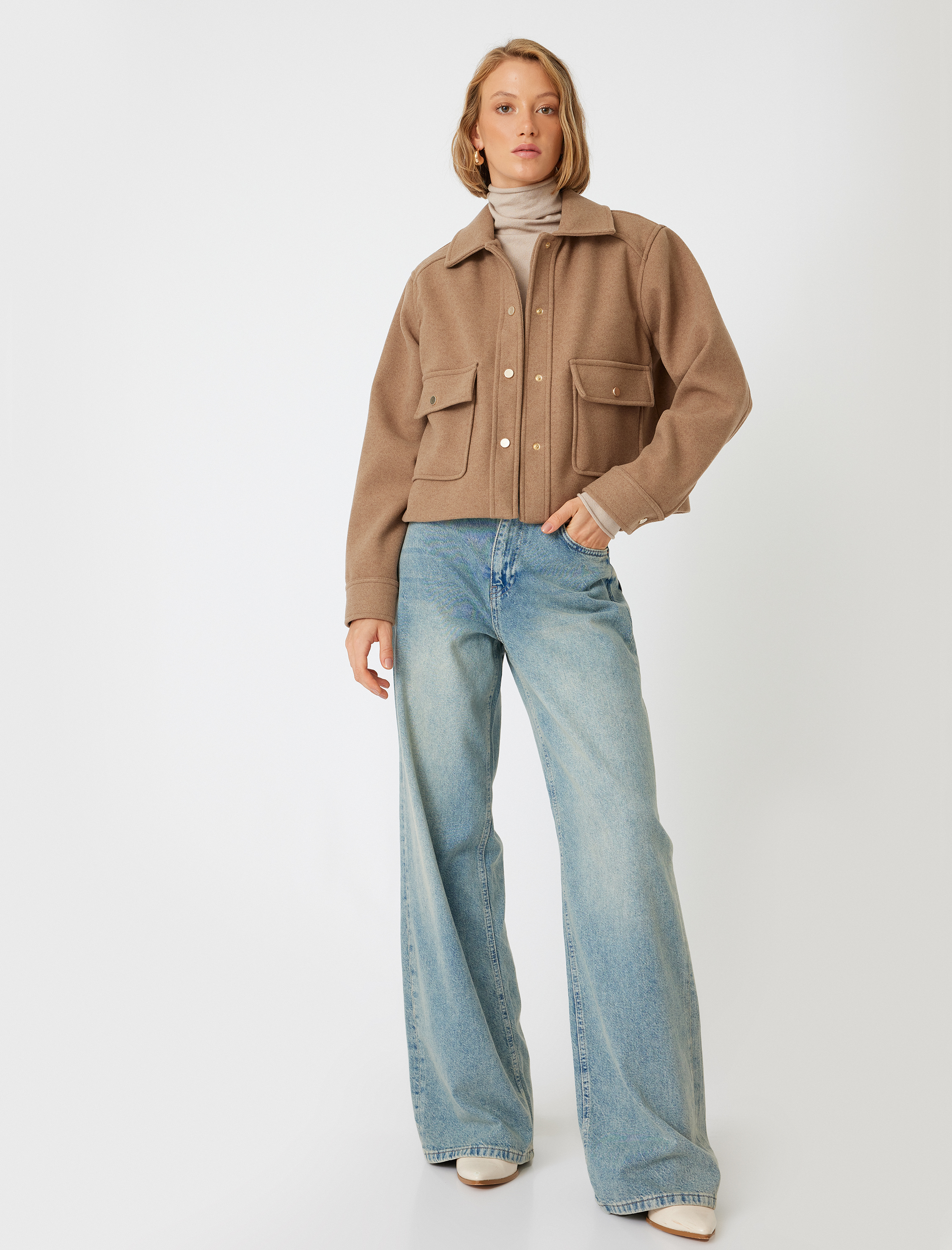 Düğmeli Cepli Gömlek Yaka Crop Kaşe Ceket