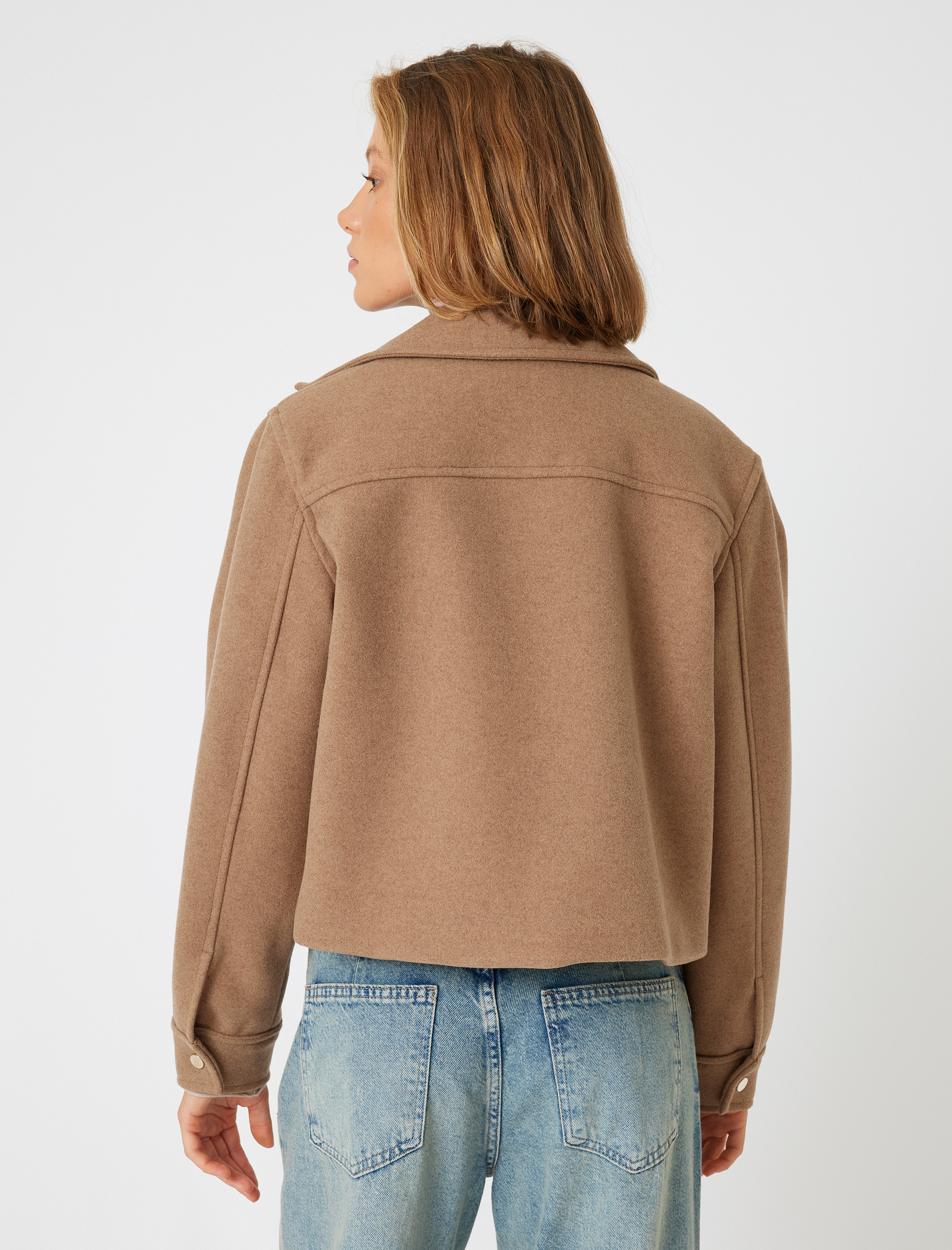 Düğmeli Cepli Gömlek Yaka Crop Kaşe Ceket