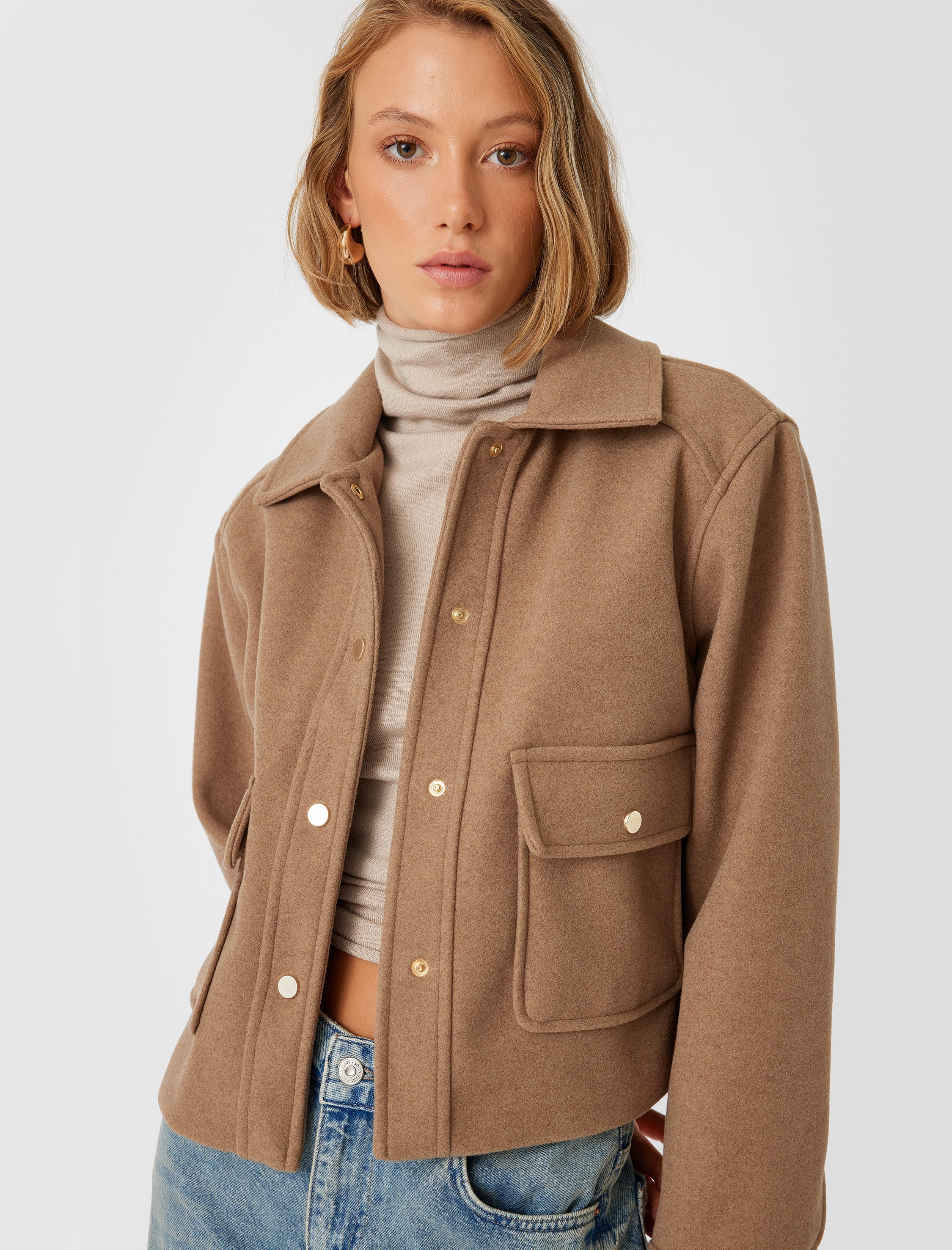 Düğmeli Cepli Gömlek Yaka Crop Kaşe Ceket