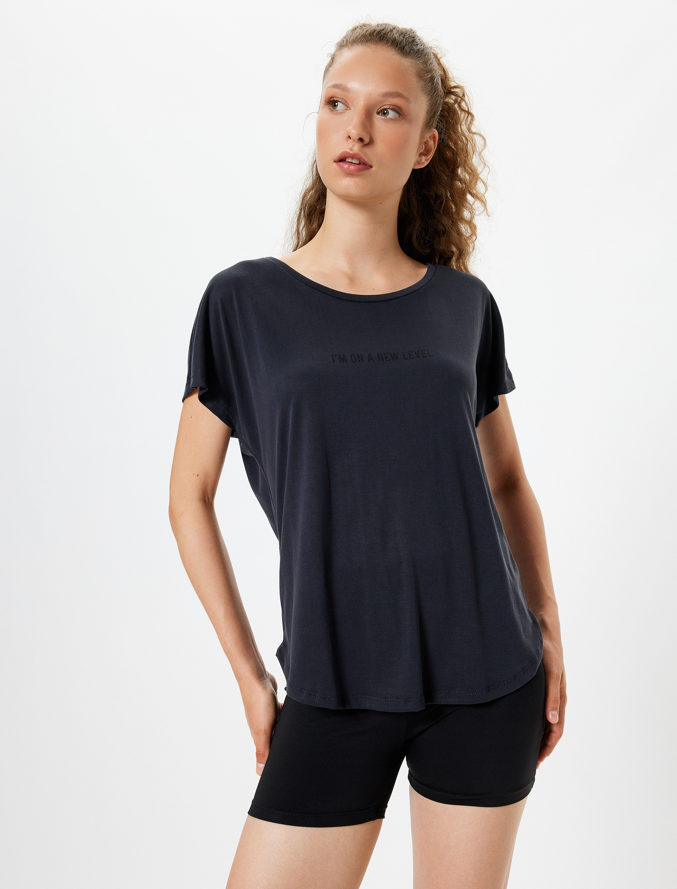   Slogan Baskılı Yarasa Kol Modal Kumaş Spor Tişört